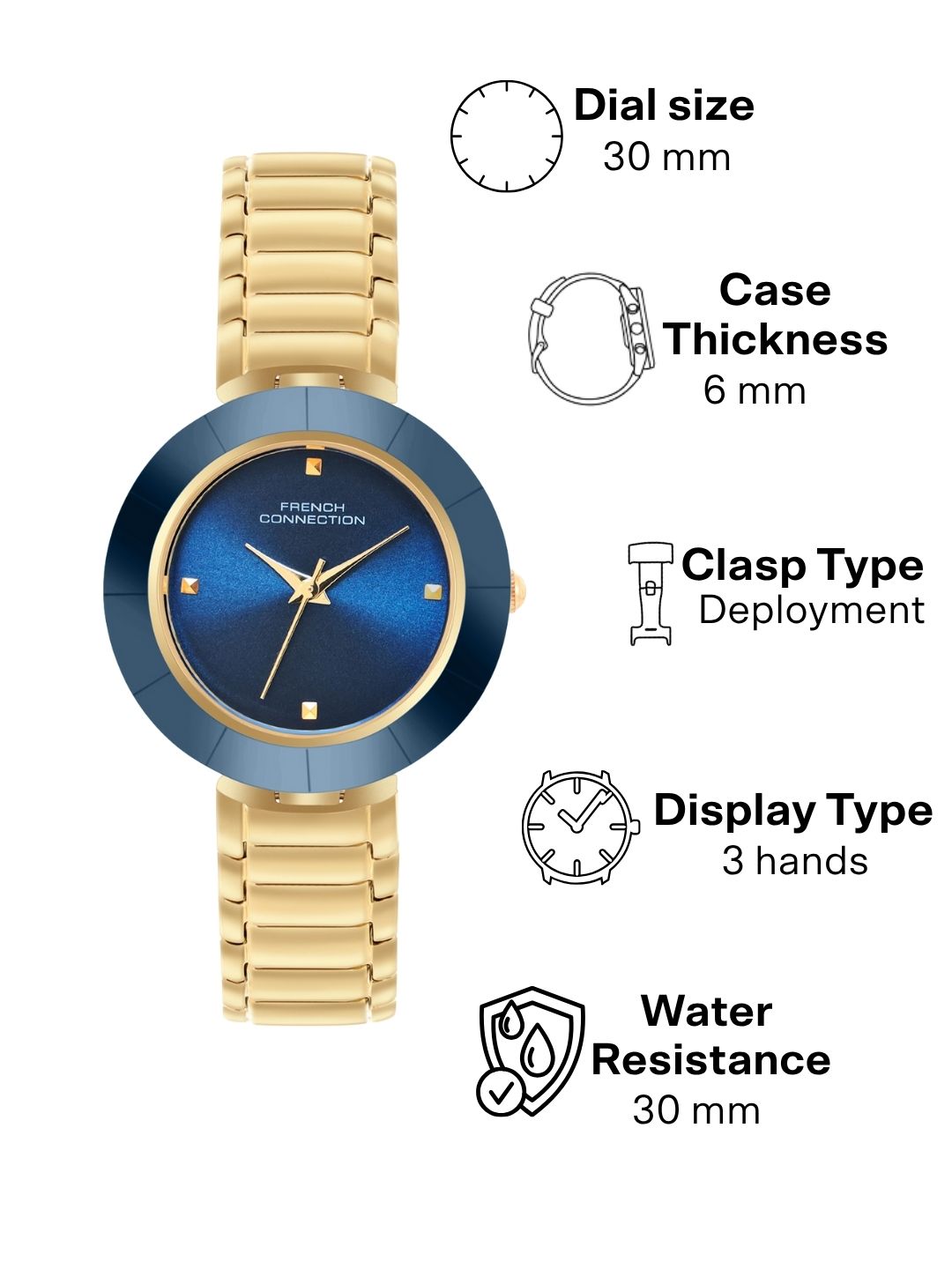 French Connection Sunray Blue Round Dial With  Gold Stainless Steel  Strap Watch - For Womens FCN0136UGM