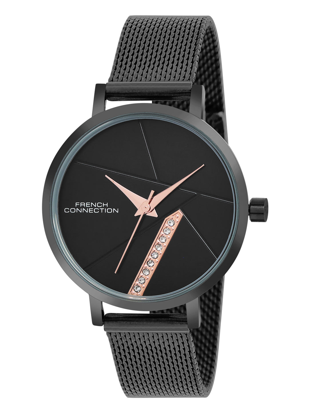 French Connection Sunray Black Round Dial With Black Stainless Steel  Strap Watch - For Womens FCN0137BM