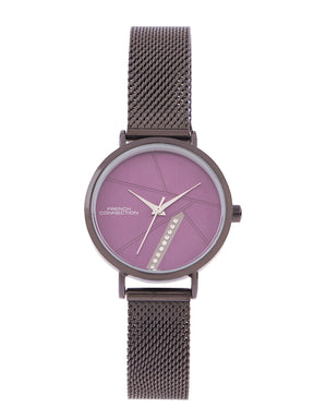 French Connection Sunray Purple Round Dial With  Gun Stainless Steel  Strap Watch - For Womens FCN0137GNM