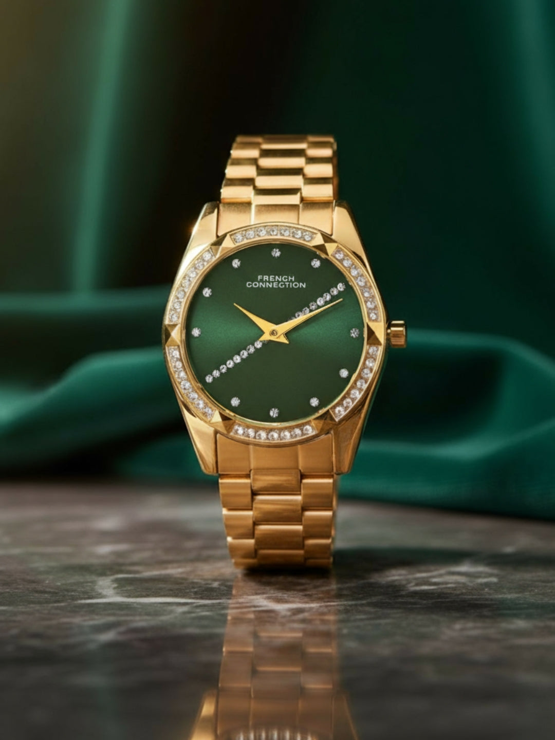 French Connection Sunray Green Round Dial With  Gold Stainless Steel  Strap Watch - For Womens FCN0138NGM