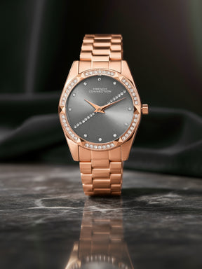 French Connection Sunray Grey Round Dial With Rose Stainless Steel  Strap Watch - For Womens FCN0138RGM