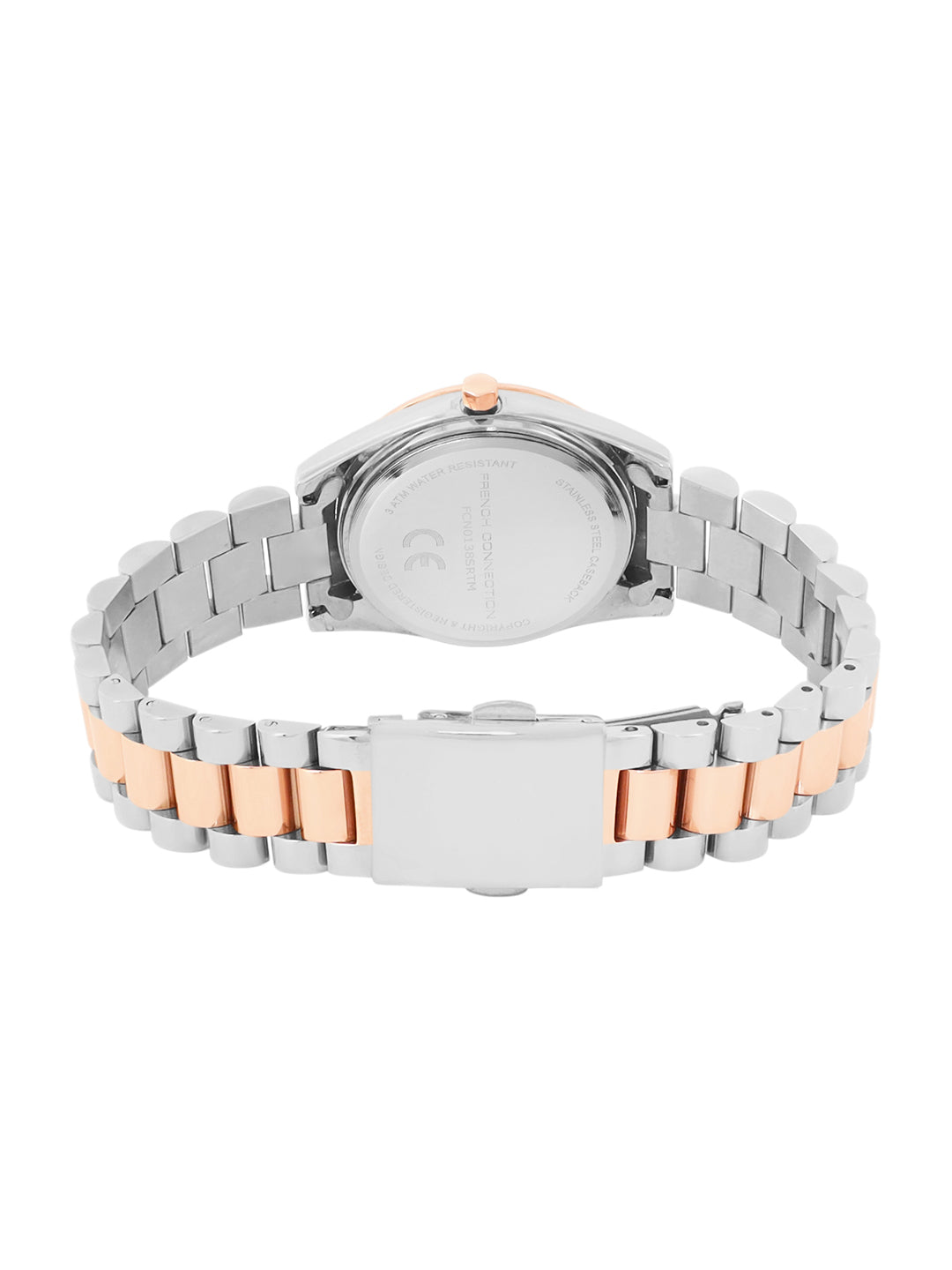 French Connection Sunray Silver Round Dial With Rose Two Tone Stainless Steel  Strap Watch - For Womens FCN0138SRTM
