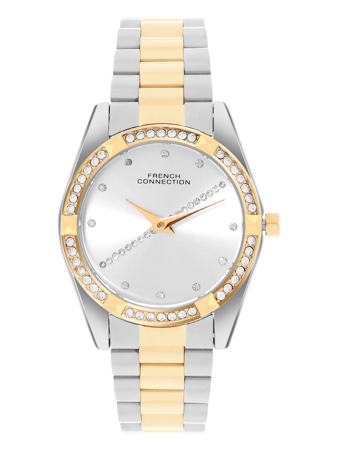 French Connection Sunray Silver Round Dial With Gold Two Tone Stainless Steel  Strap Watch - For Womens FCN0138STM