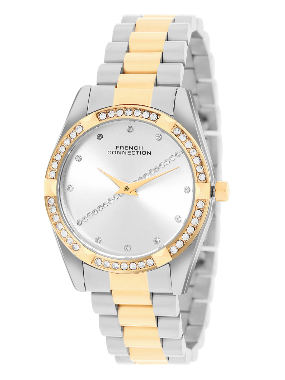 French Connection Sunray Silver Round Dial With Gold Two Tone Stainless Steel  Strap Watch - For Womens FCN0138STM