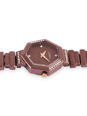 French Connection Mop Brown Hexagonal Dial With Brown Stainless Steel  Strap Watch - For Womens FCN0139BRGM
