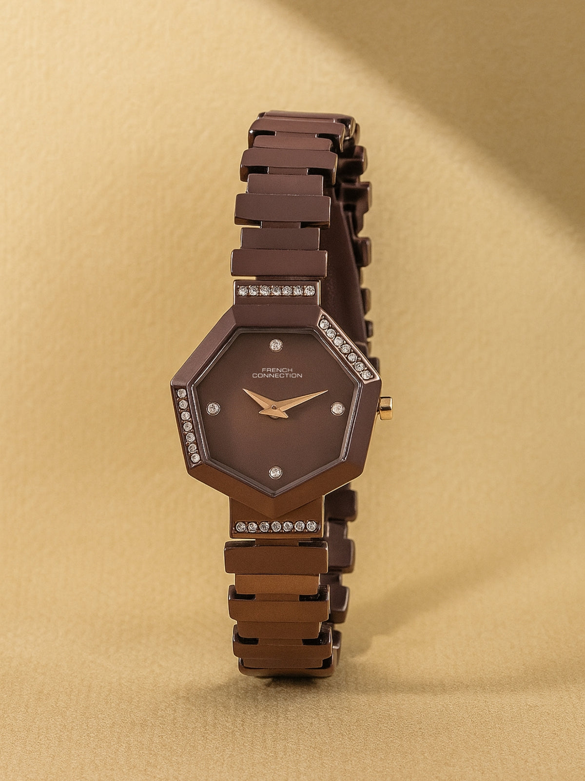 French Connection Mop Brown Hexagonal Dial With Brown Stainless Steel  Strap Watch - For Womens FCN0139BRGM