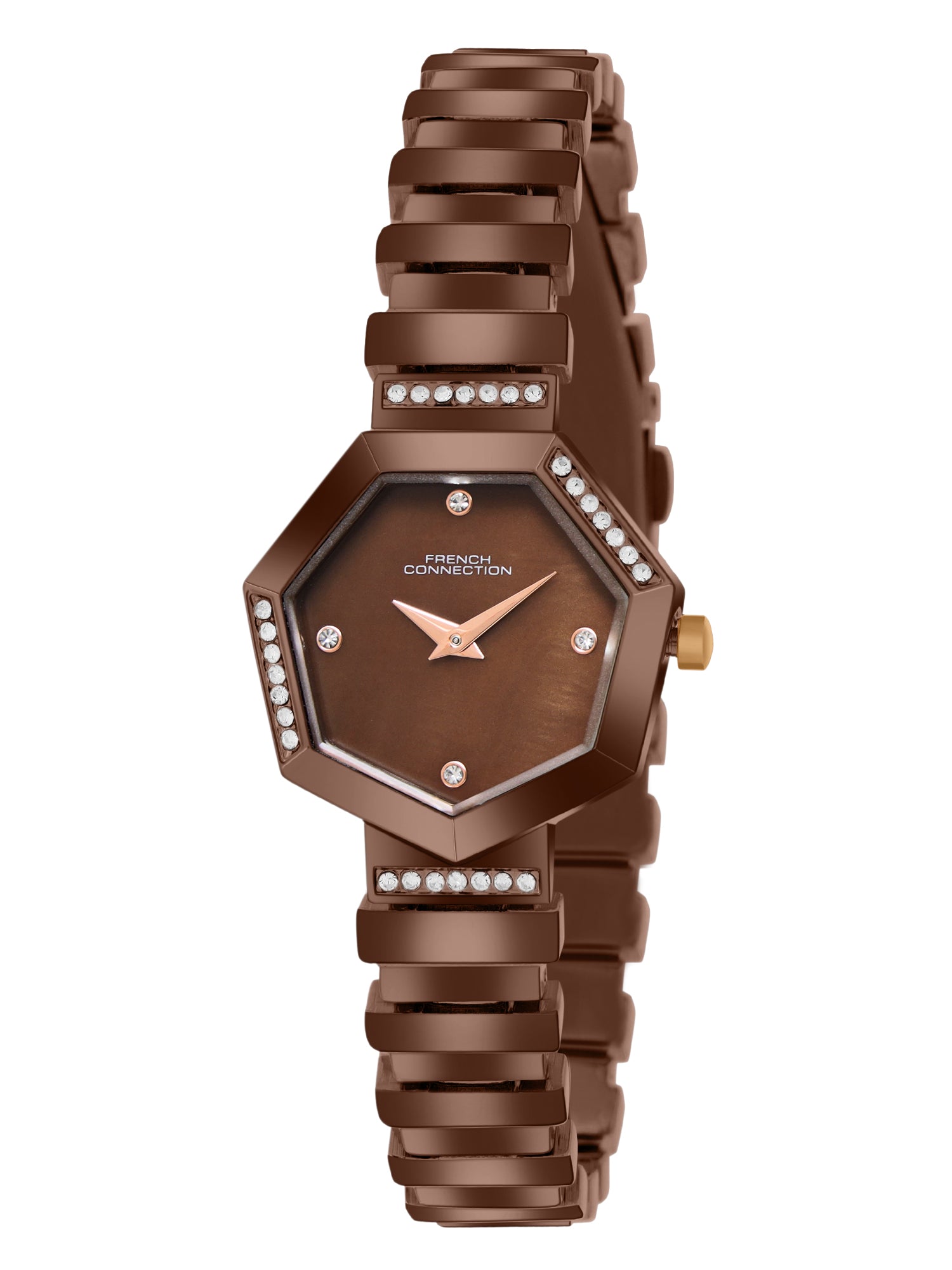 French Connection Mop Brown Hexagonal Dial With Brown Stainless Steel  Strap Watch - For Womens FCN0139BRGM