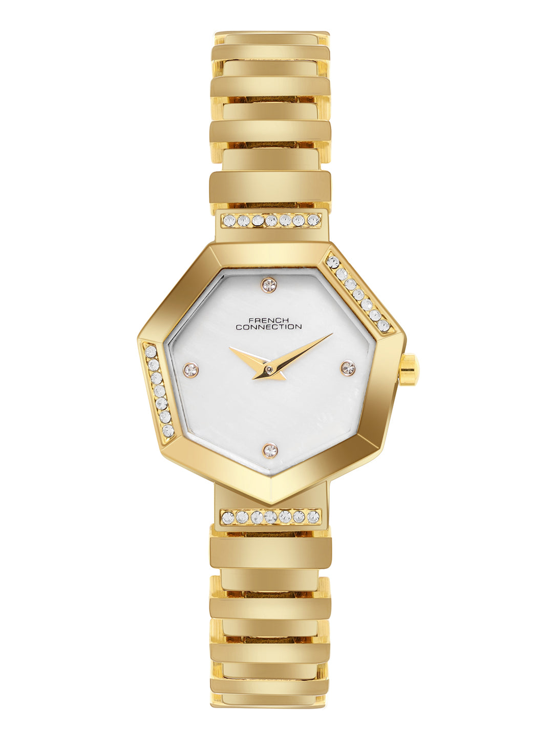 French Connection Mop Silver Hexagonal Dial With  Gold Stainless Steel  Strap Watch - For Womens FCN0139GM