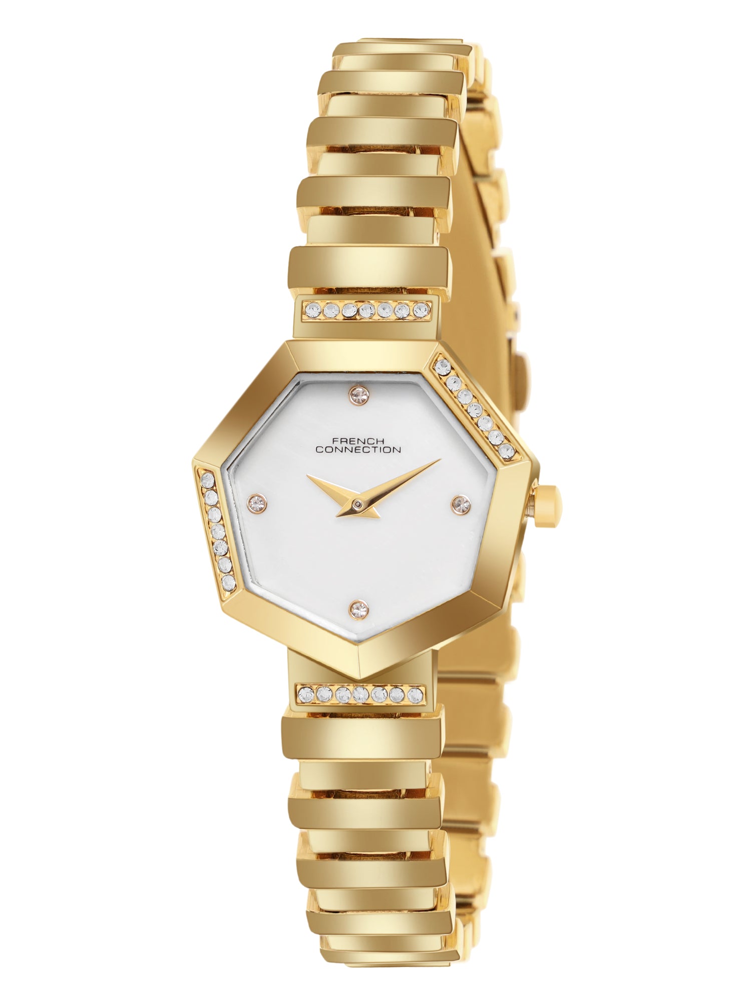 French Connection Mop Silver Hexagonal Dial With  Gold Stainless Steel  Strap Watch - For Womens FCN0139GM