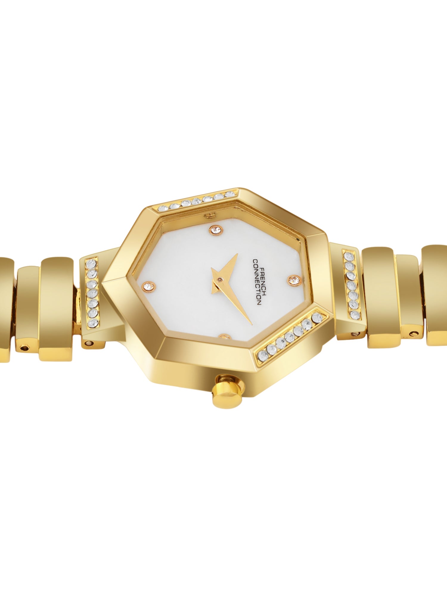 French Connection Mop Silver Hexagonal Dial With  Gold Stainless Steel  Strap Watch - For Womens FCN0139GM