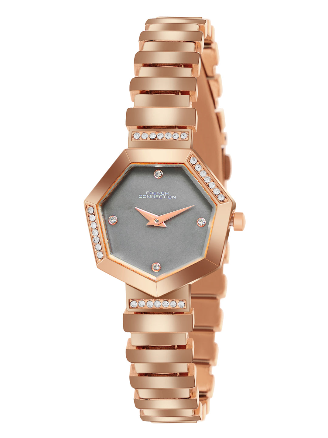 French Connection Mop Grey Hexagonal Dial With Rose Stainless Steel  Strap Watch - For Womens FCN0139RGM
