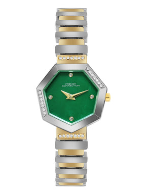French Connection Mop Green Hexagonal Dial With Gold Two Tone Stainless Steel  Strap Watch - For Womens FCN0139TM