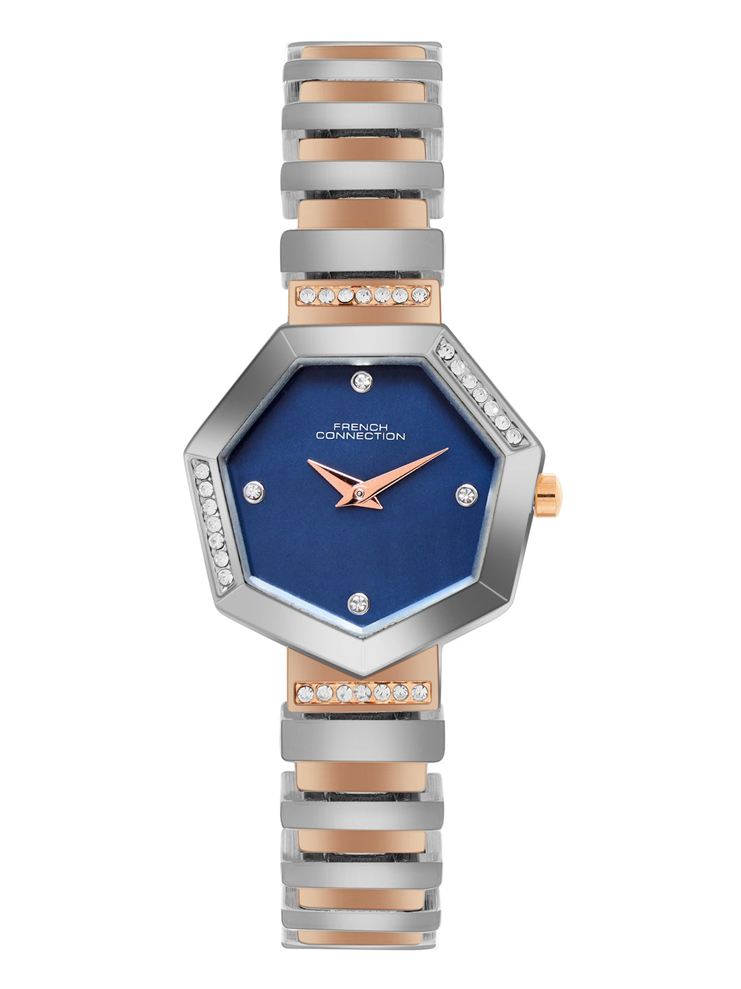 French Connection Mop Blue Hexagonal Dial With Rose Two Tone Stainless Steel  Strap Watch - For Womens FCN0139RTM