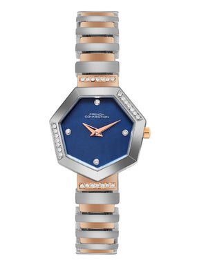 French Connection Mop Blue Hexagonal Dial With Rose Two Tone Stainless Steel  Strap Watch - For Womens FCN0139RTM