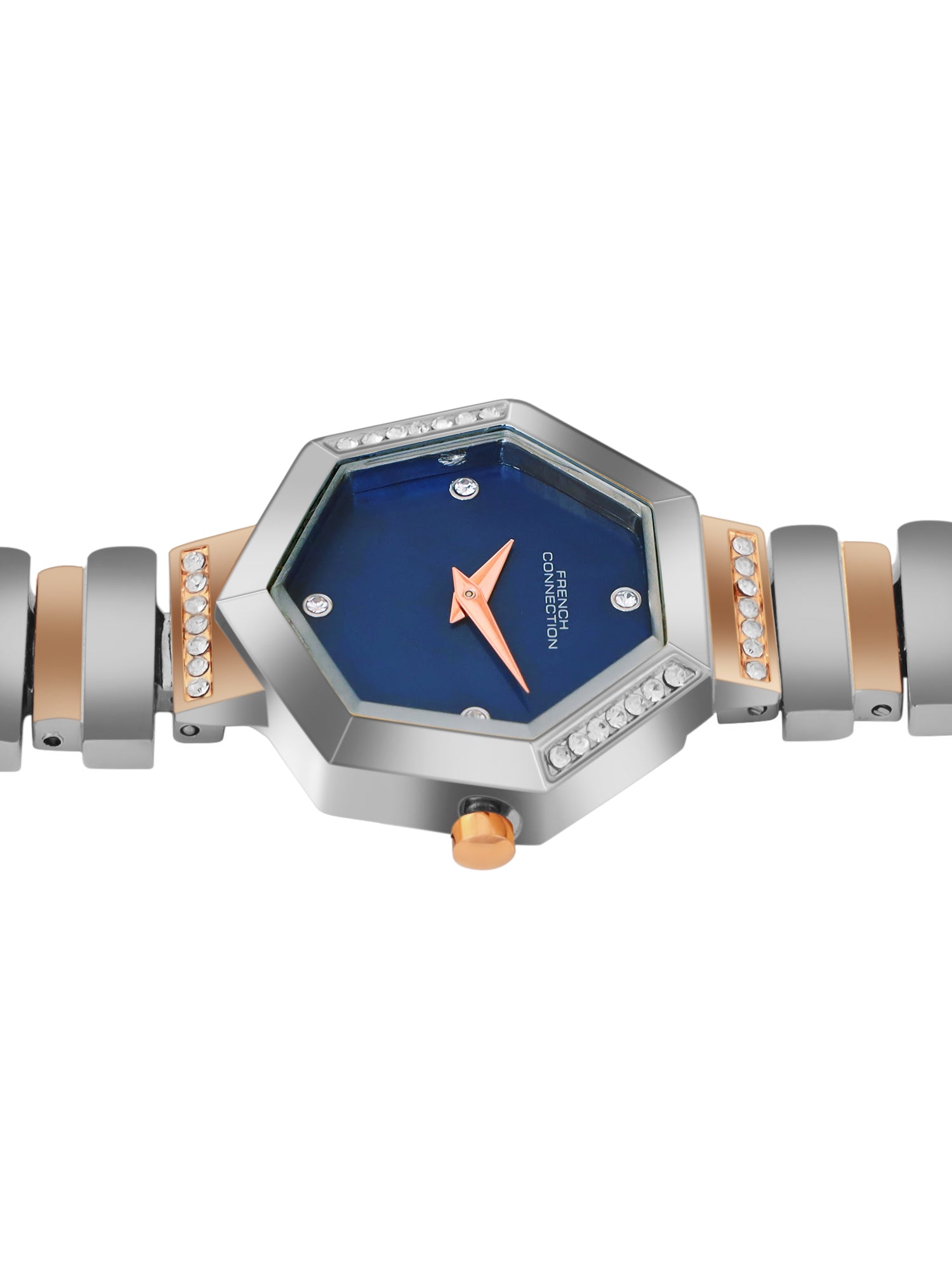 French Connection Mop Blue Hexagonal Dial With Rose Two Tone Stainless Steel  Strap Watch - For Womens FCN0139RTM