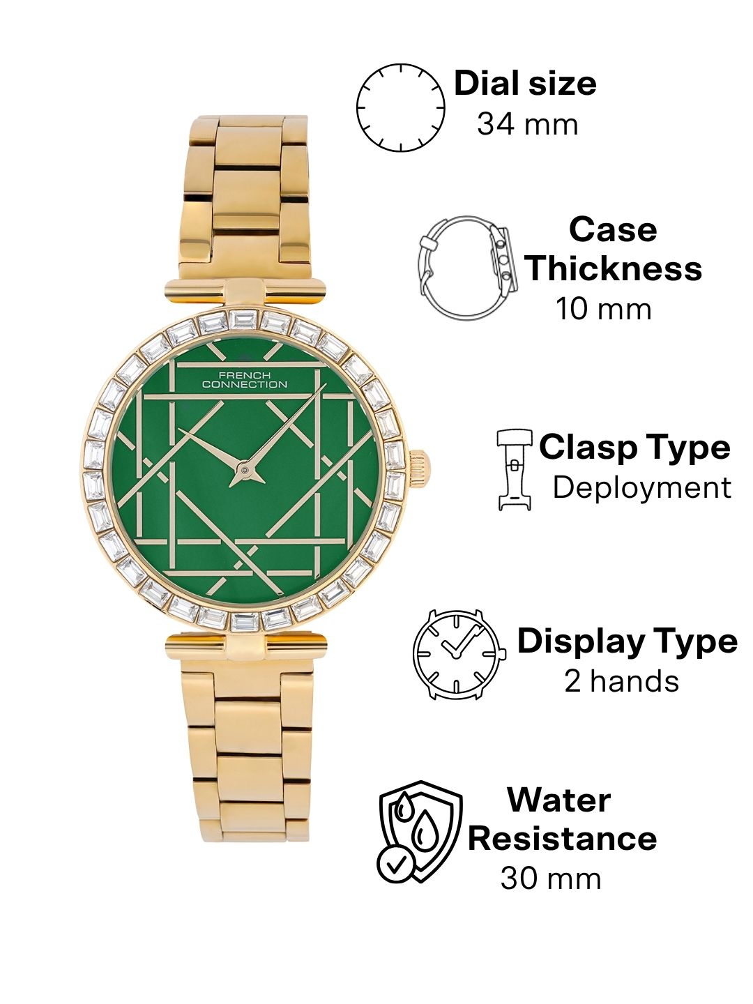 French Connection Mop Green Round Dial With  Gold Stainless Steel  Strap Watch - For Womens FCN0141NGM