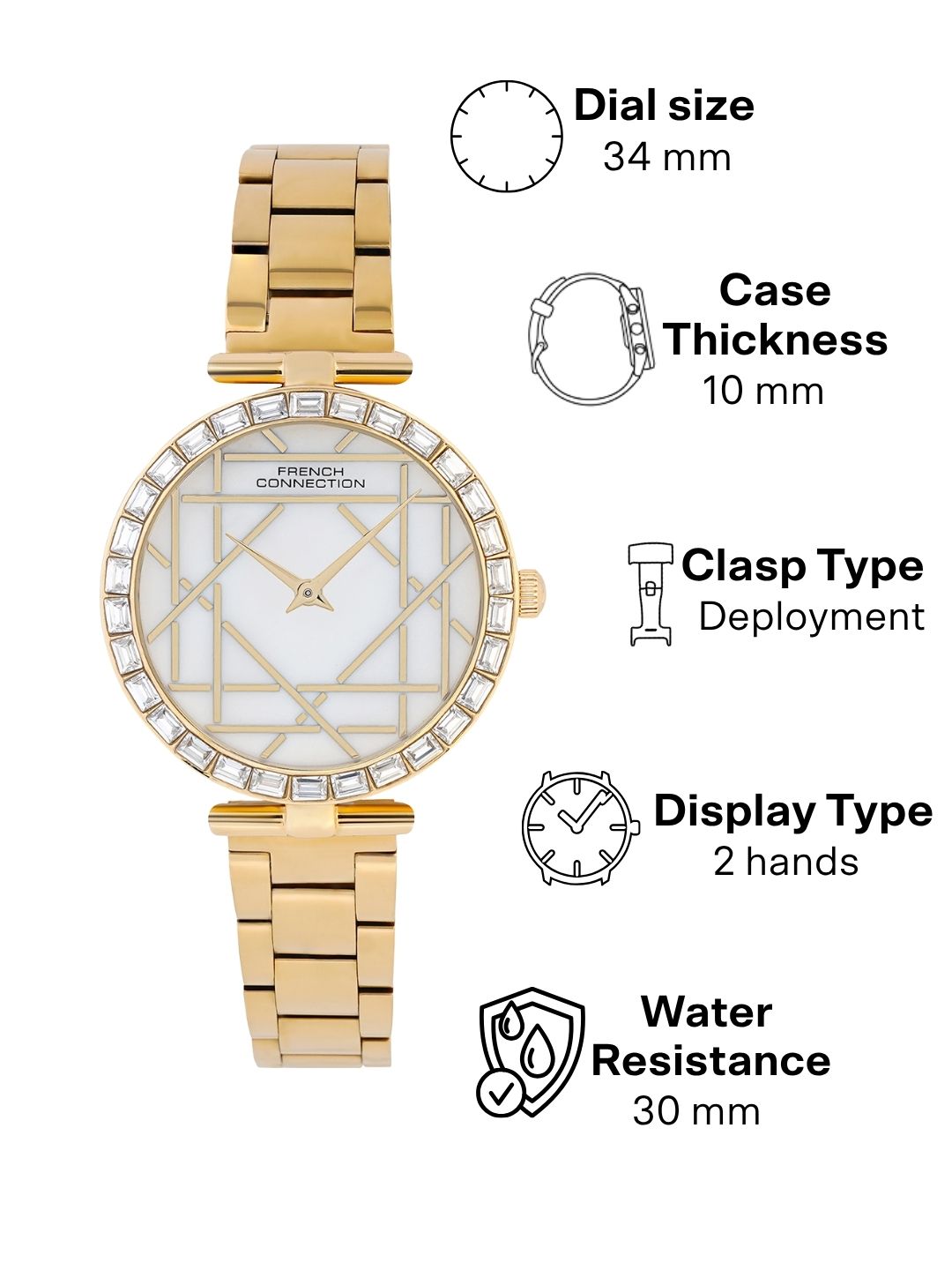 French Connection Mop Silver Round Dial With  Gold Stainless Steel  Strap Watch - For Womens FCN0141SGM