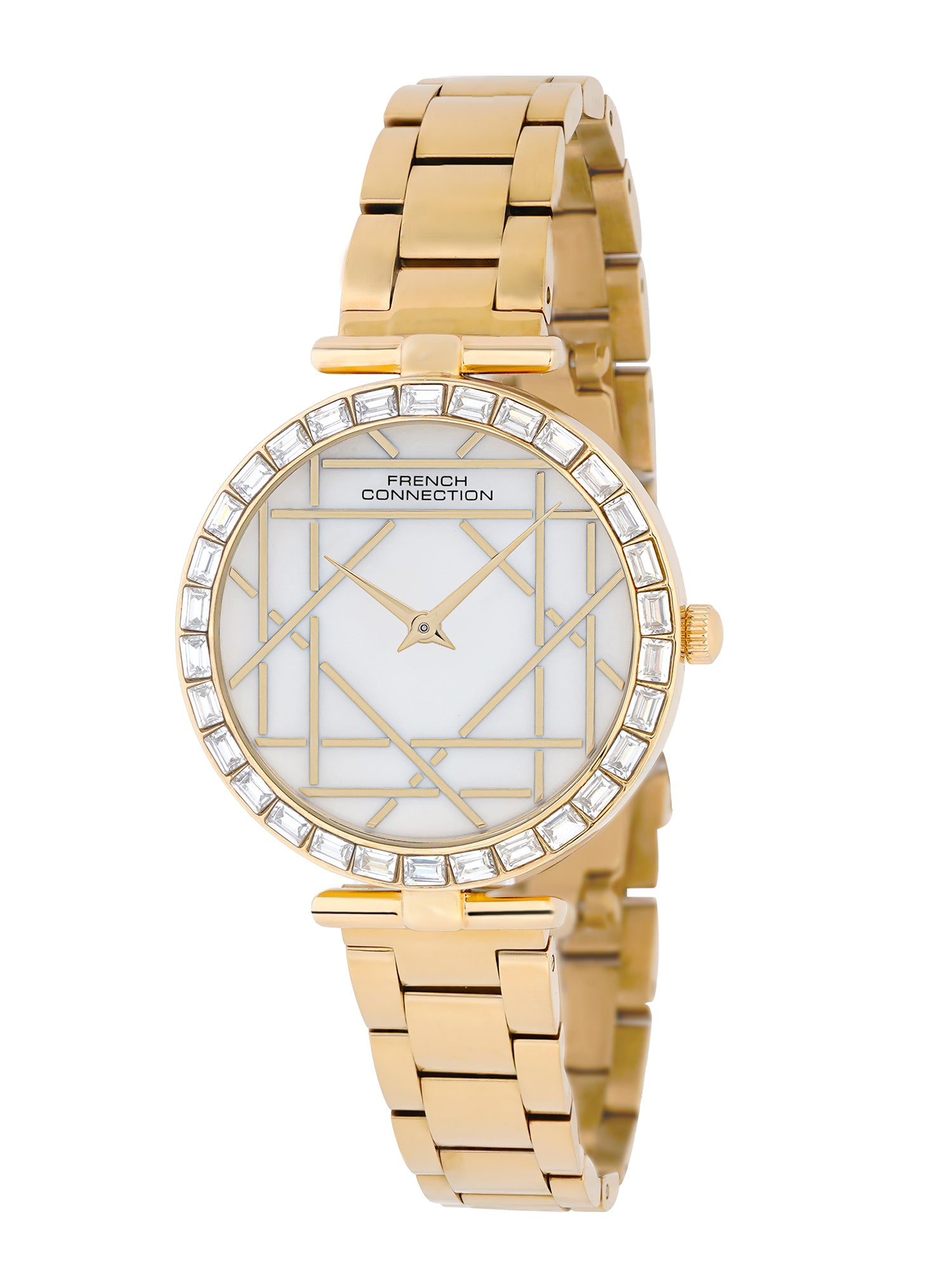 French Connection Mop Silver Round Dial With  Gold Stainless Steel  Strap Watch - For Womens FCN0141SGM