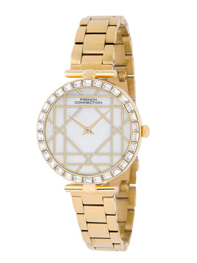 French Connection Mop Silver Round Dial With  Gold Stainless Steel  Strap Watch - For Womens FCN0141SGM