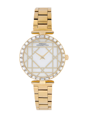 French Connection Mop Silver Round Dial With  Gold Stainless Steel  Strap Watch - For Womens FCN0141SGM