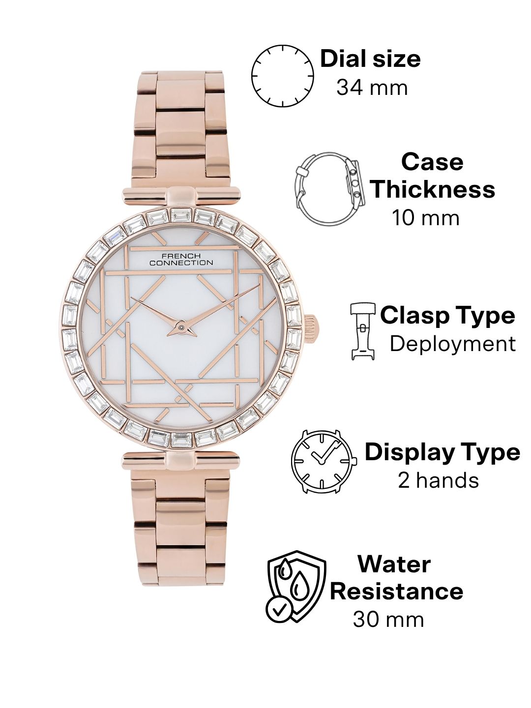 French Connection Mop Silver Round Dial With Rose Stainless Steel  Strap Watch - For Womens FCN0141SRGM