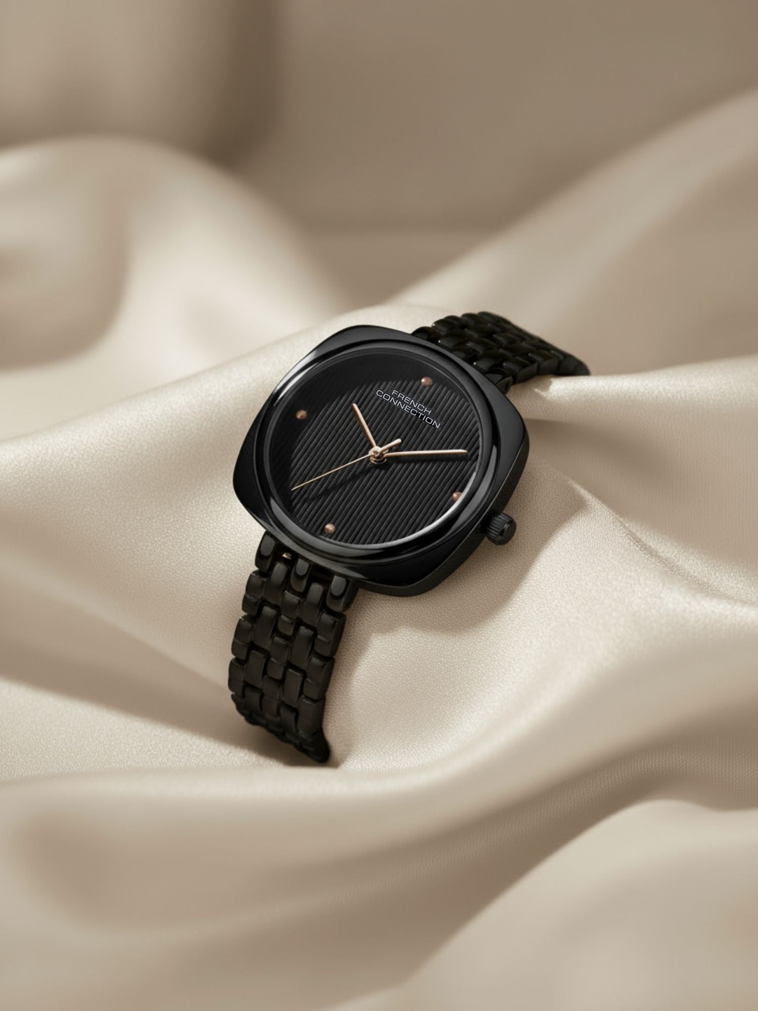 French Connection Textured Black Square Dial With Black Stainless Steel  Strap Watch - For Womens FCN0143BBM