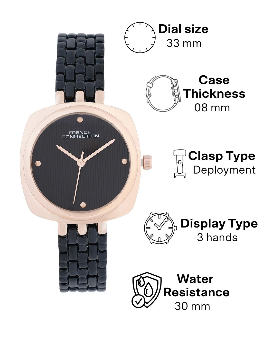 French Connection Textured Black Square Dial With Black Stainless Steel  Strap Watch - For Womens FCN0143BM