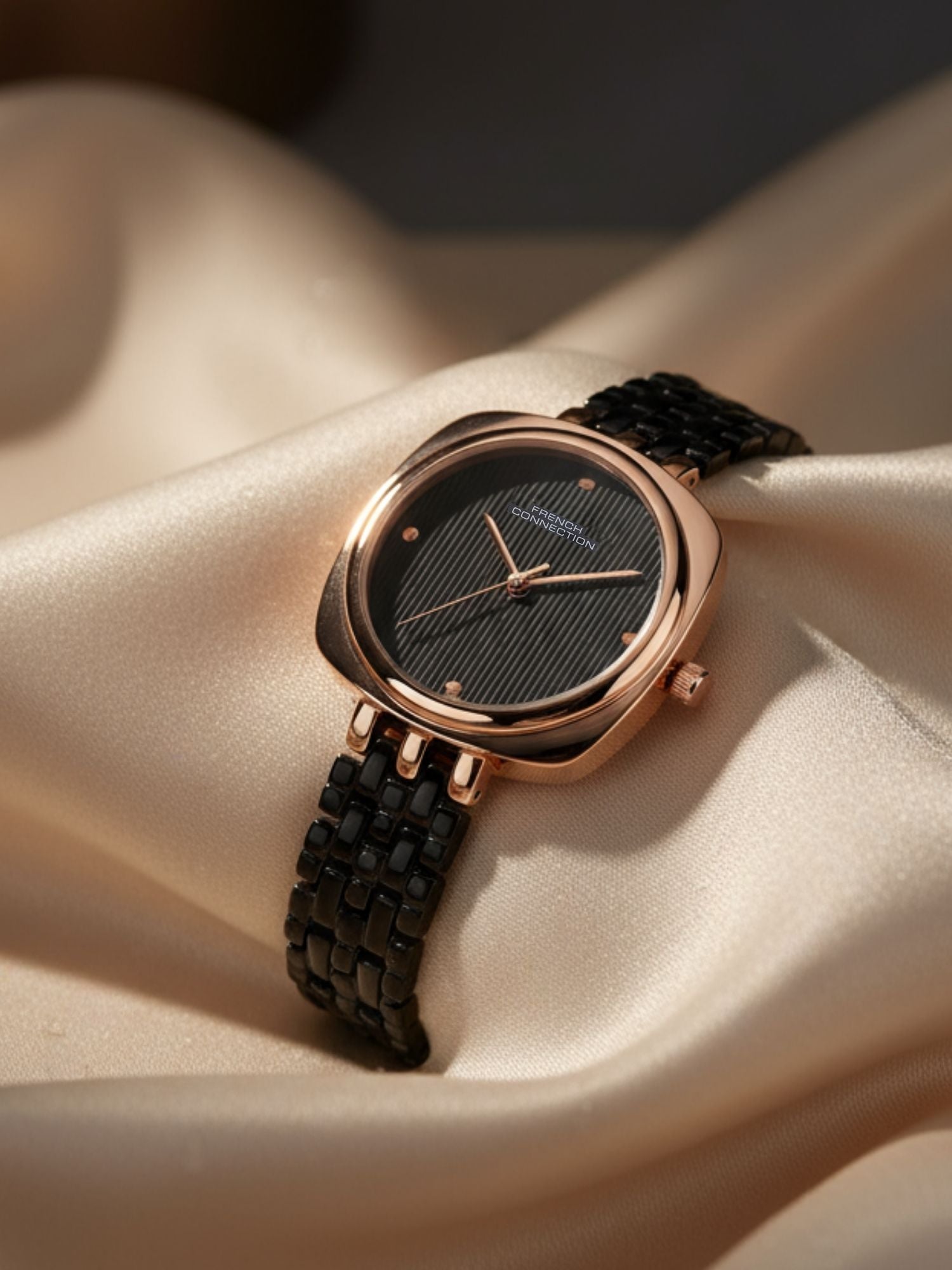 French Connection Textured Black Square Dial With Black Stainless Steel  Strap Watch - For Womens FCN0143BM