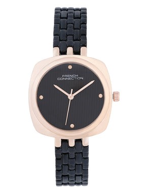 French Connection Textured Black Square Dial With Black Stainless Steel  Strap Watch - For Womens FCN0143BM
