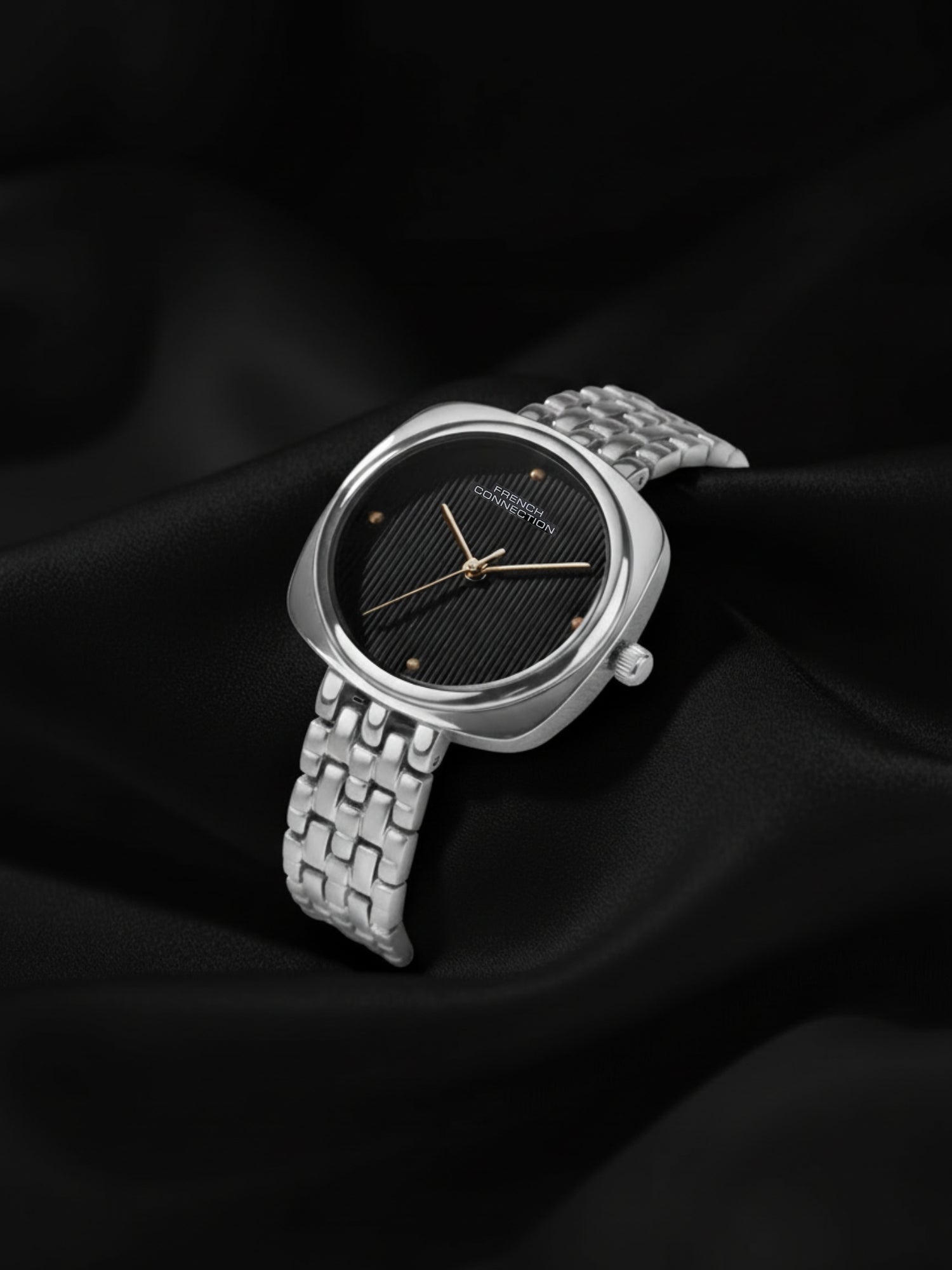 French Connection Textured Black Square Dial With Stainless Steel  Strap Watch - For Womens FCN0143BSM
