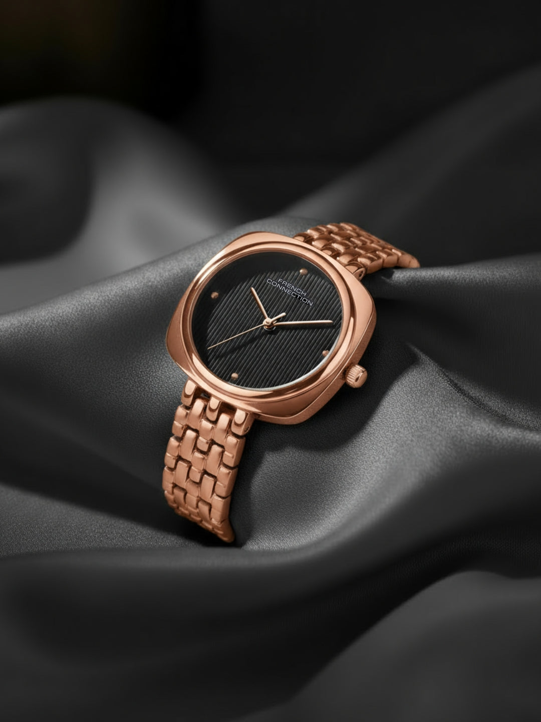 French Connection Textured Grey Square Dial With Rose Stainless Steel  Strap Watch - For Womens FCN0143RGM