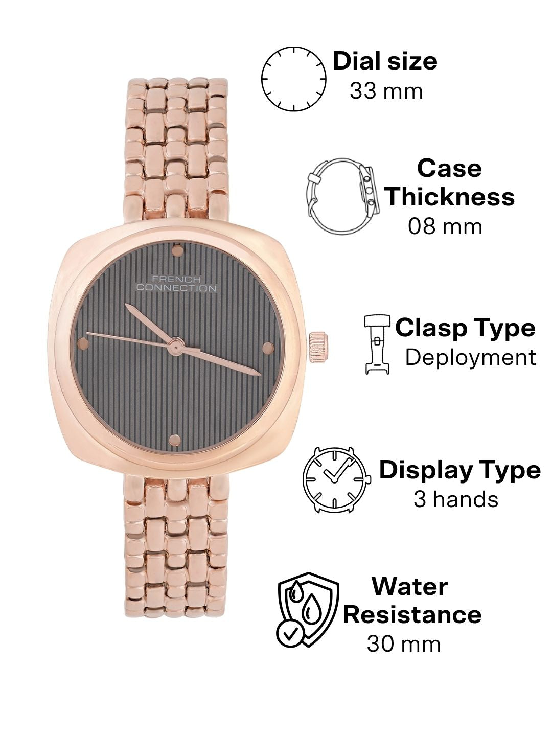 French Connection Textured Grey Square Dial With Rose Stainless Steel  Strap Watch - For Womens FCN0143RGM