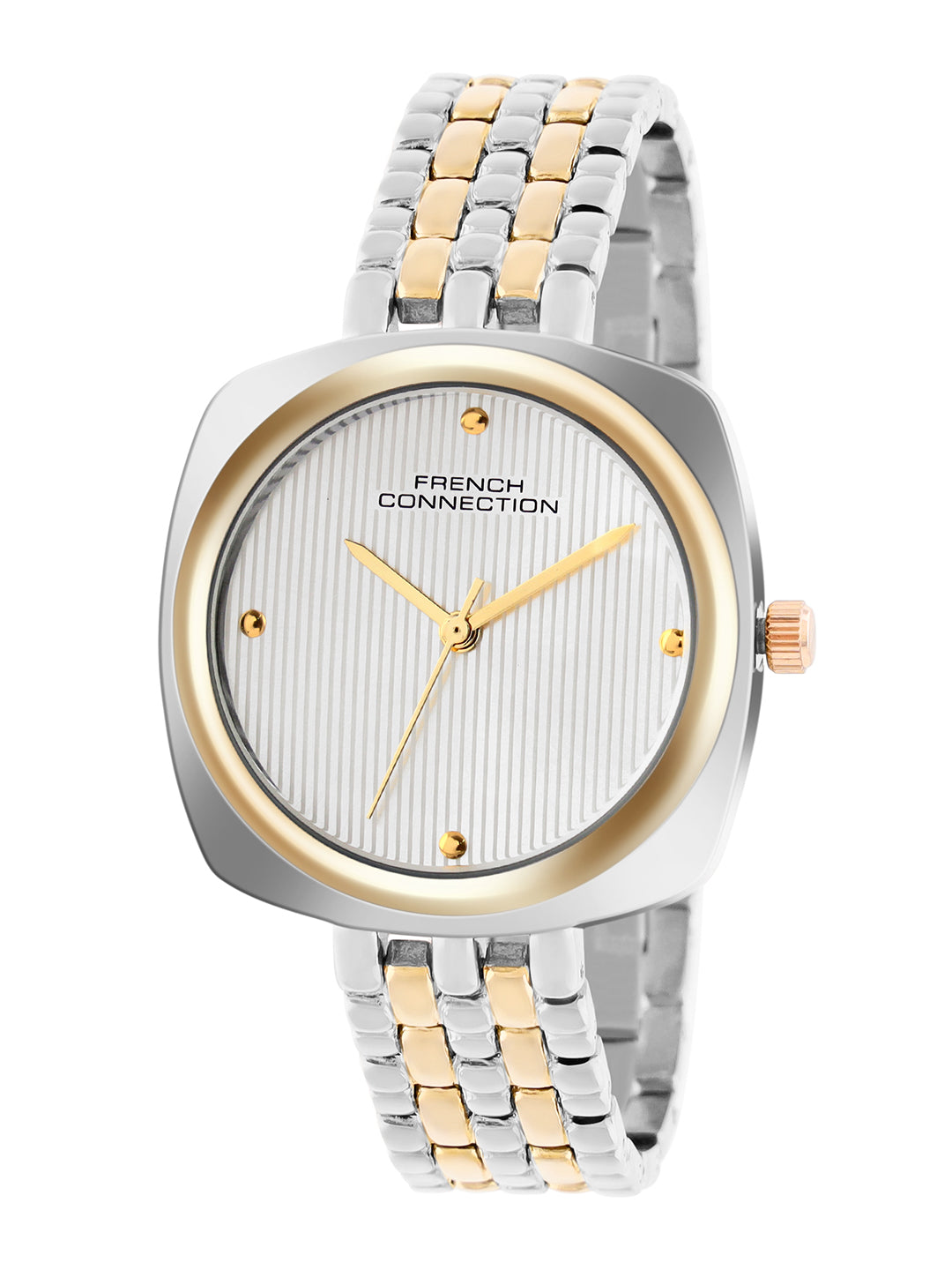 French Connection Textured Silver Square Dial With Gold Two Tone Stainless Steel  Strap Watch - For Womens FCN0143TM