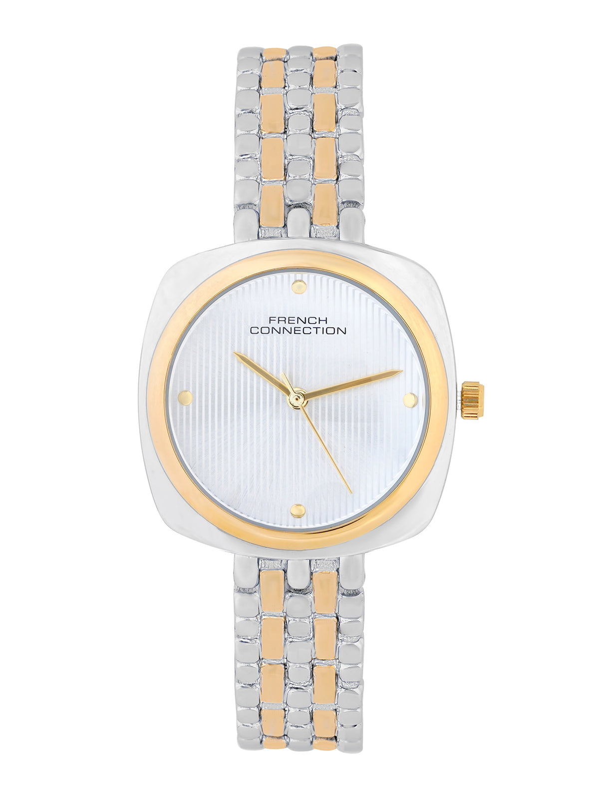 French Connection Textured Silver Square Dial With Gold Two Tone Stainless Steel  Strap Watch - For Womens FCN0143TM