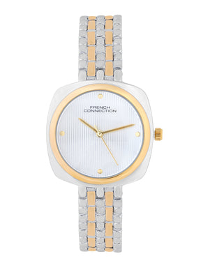 French Connection Textured Silver Square Dial With Gold Two Tone Stainless Steel  Strap Watch - For Womens FCN0143TM