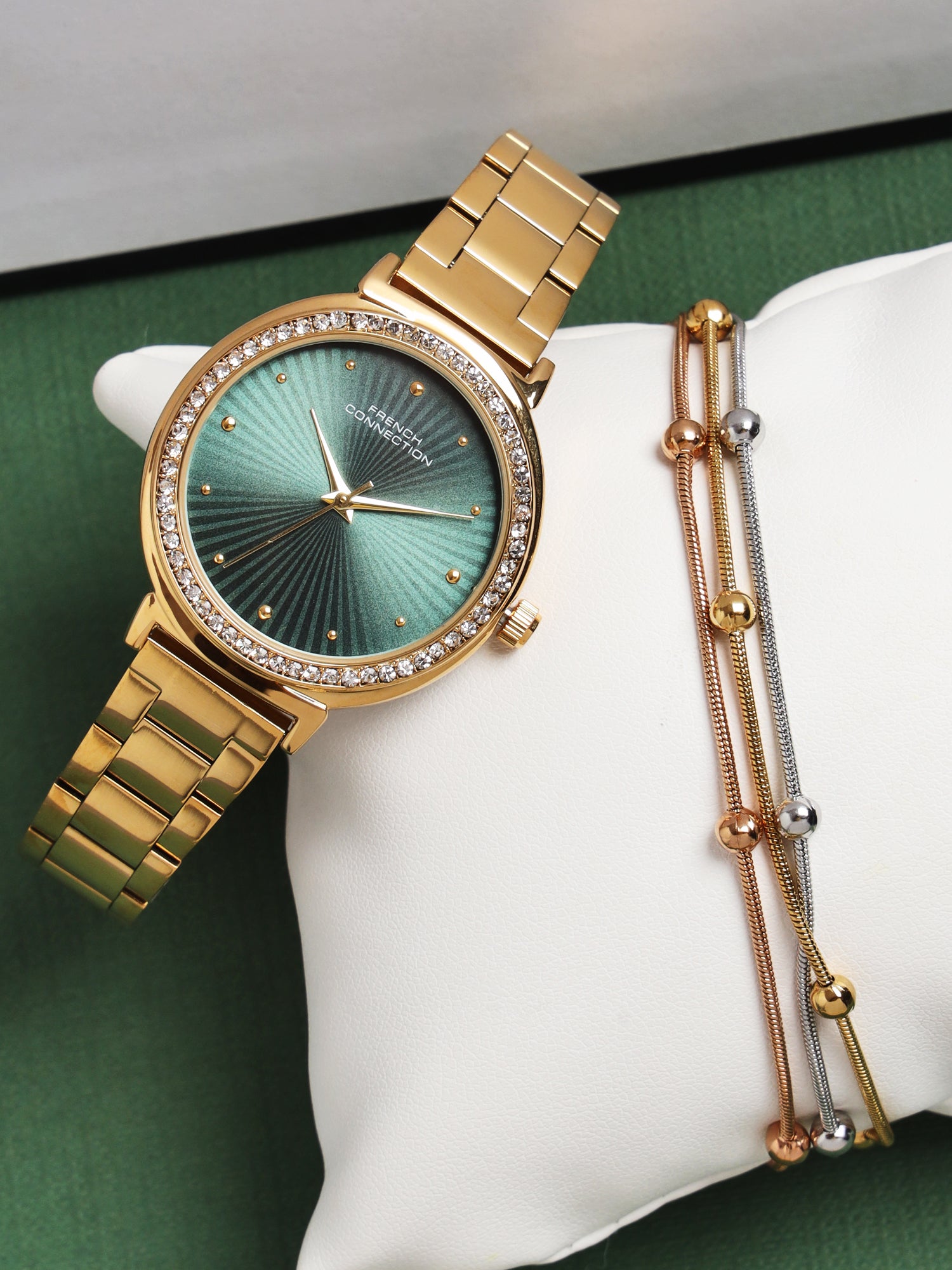French Connection Textured Green Round Dial With  Gold Stainless Steel  Strap Watch - For Womens FCN0145NGM