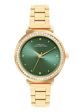 French Connection Textured Green Round Dial With  Gold Stainless Steel  Strap Watch - For Womens FCN0145NGM