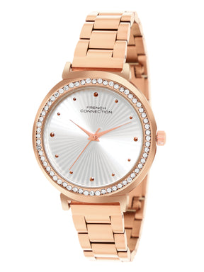 French Connection Textured Silver Round Dial With Rose Stainless Steel  Strap Watch - For Womens FCN0145RGM