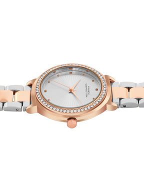 French Connection Textured Silver Round Dial With Rose Two Tone Stainless Steel  Strap Watch - For Womens FCN0145RTM