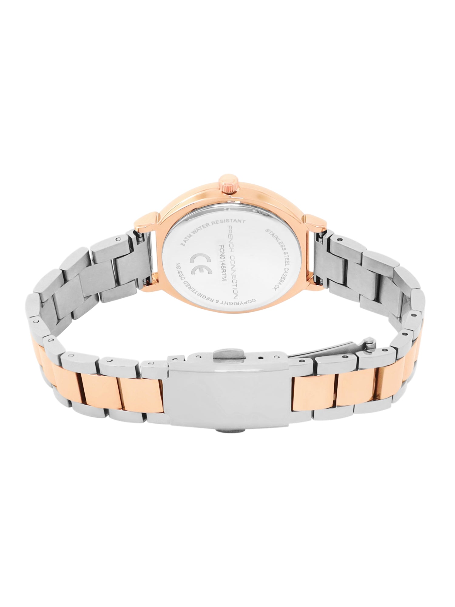 French Connection Textured Silver Round Dial With Rose Two Tone Stainless Steel  Strap Watch - For Womens FCN0145RTM