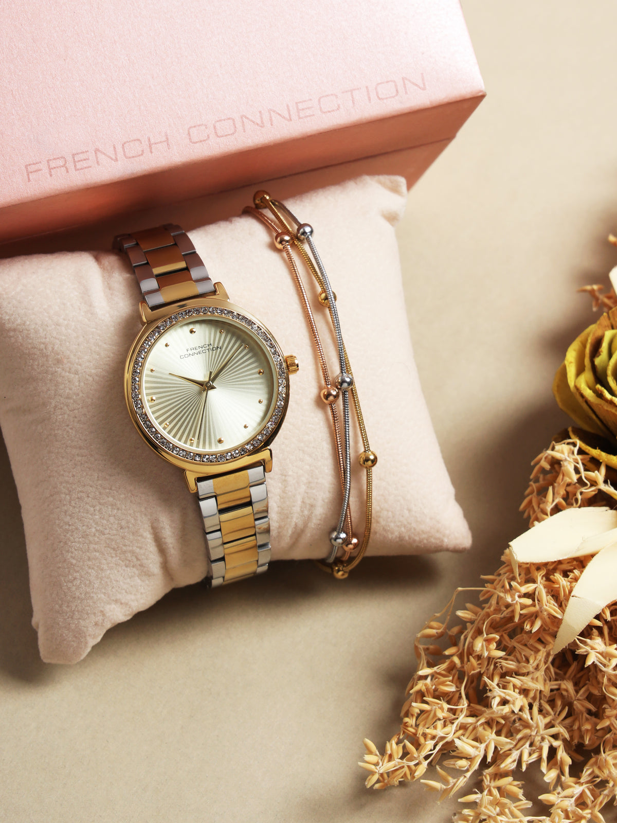 French Connection Textured Champagne Round Dial With Gold Two Tone Stainless Steel  Strap Watch - For Womens FCN0145TM