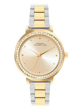 French Connection Textured Champagne Round Dial With Gold Two Tone Stainless Steel  Strap Watch - For Womens FCN0145TM