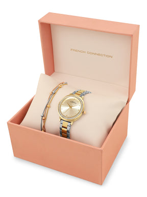 French Connection Textured Champagne Round Dial With Gold Two Tone Stainless Steel  Strap Watch - For Womens FCN0145TM