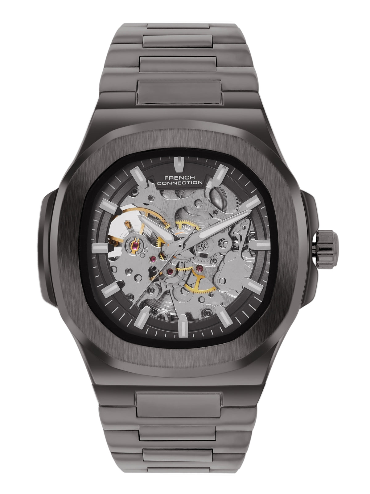 French Connection Men Skeleton Dial & Bracelet Style Straps Automatic Watch- FCN0149GNM