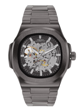 French Connection Men Skeleton Dial & Bracelet Style Straps Automatic Watch- FCN0149GNM