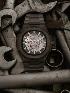 French Connection Men Skeleton Dial & Bracelet Style Straps Automatic Watch- FCN0149GNM