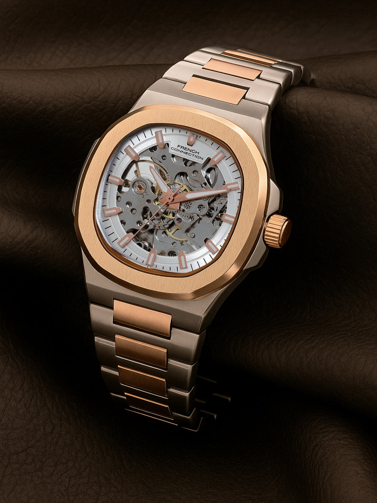 French Connection Men Skeleton Dial & Bracelet Style Straps Automatic Watch- FCN0149SRTM