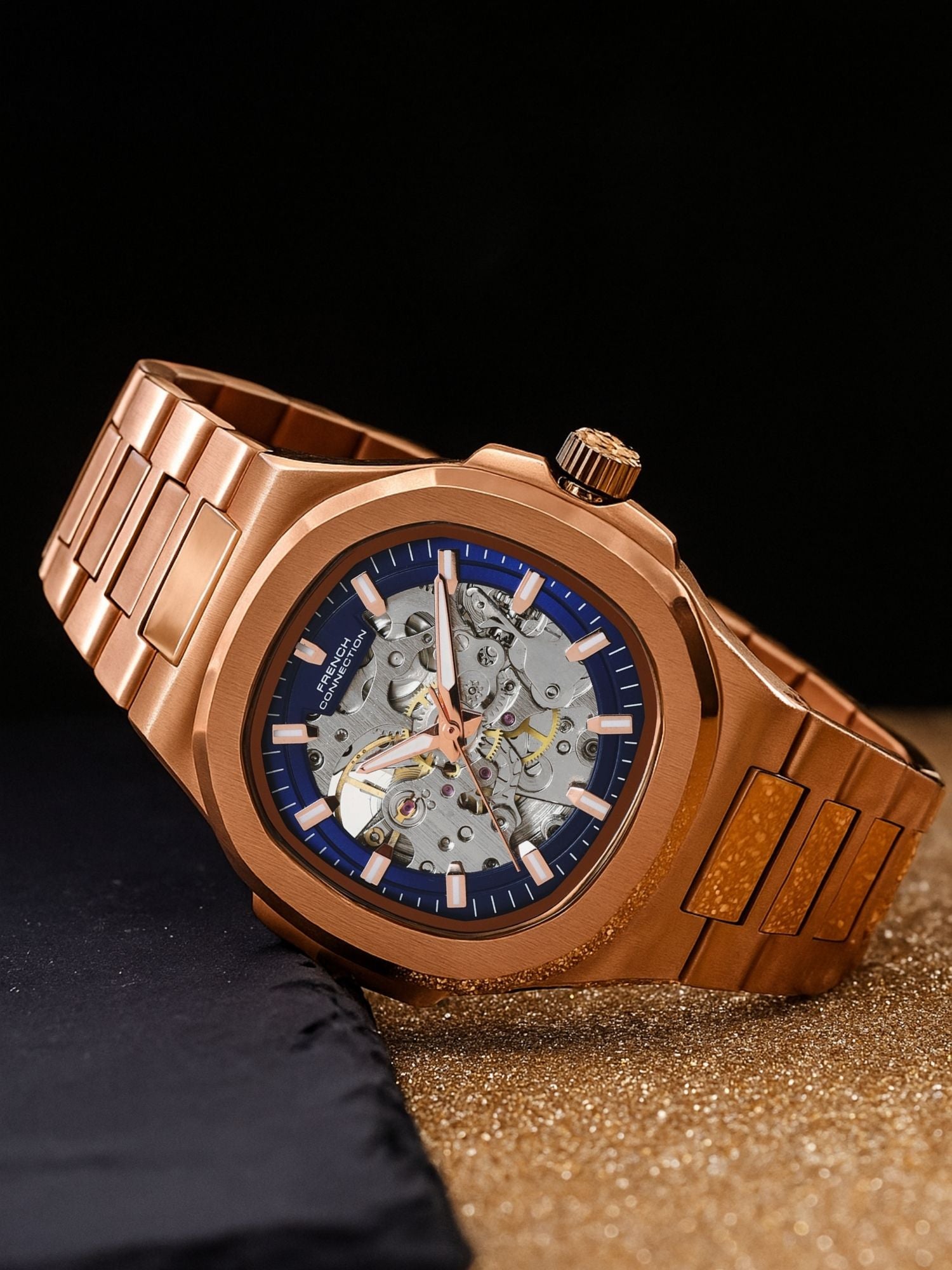 French Connection Men Skeleton Dial & Bracelet Style Straps Automatic Watch- FCN0149URGM