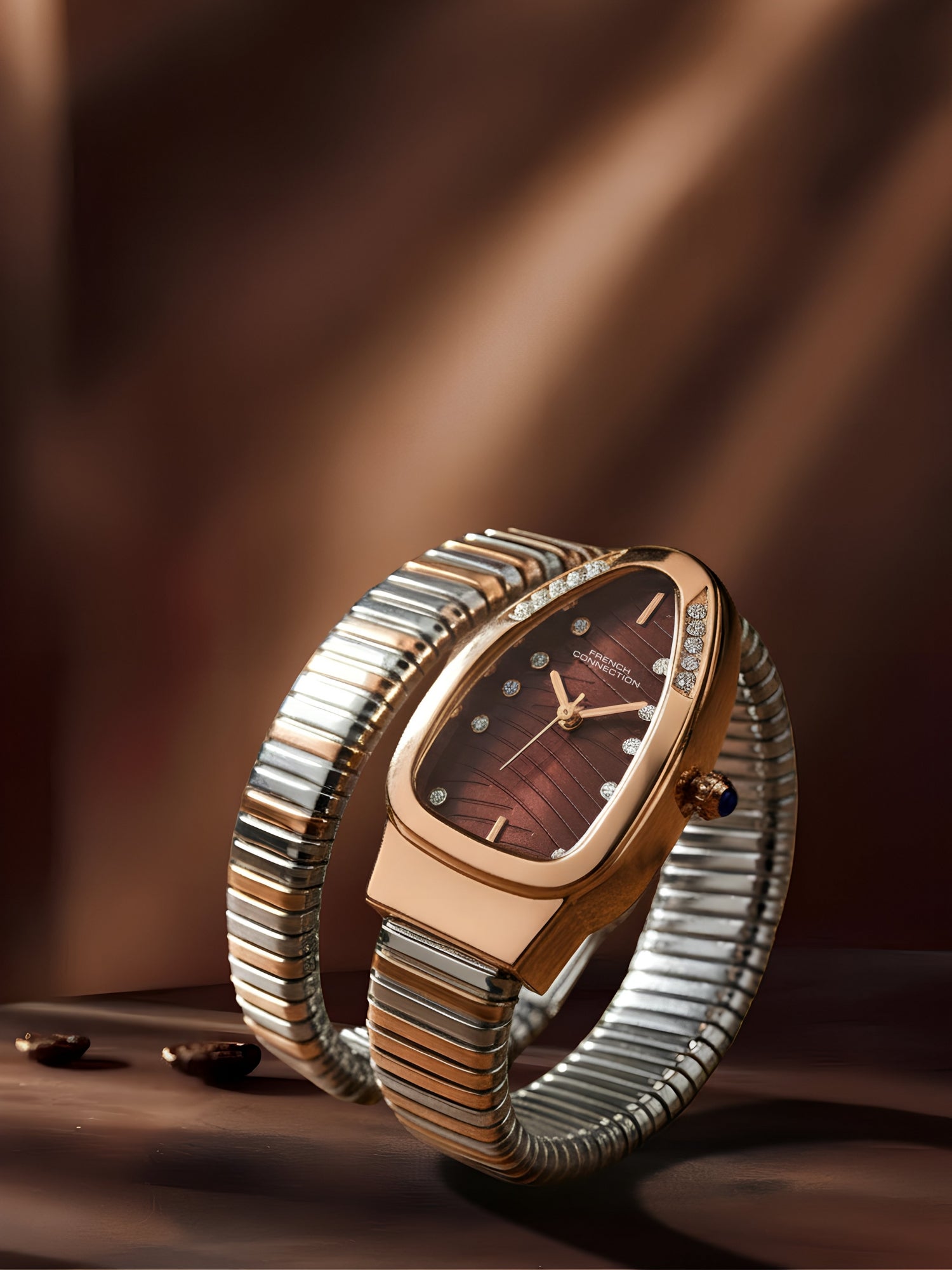 French Connection Women Snake-Shaped Wrap Around Analogue Watch FCN0189BRTM - Brown Dial Rose Gold Two-Tone