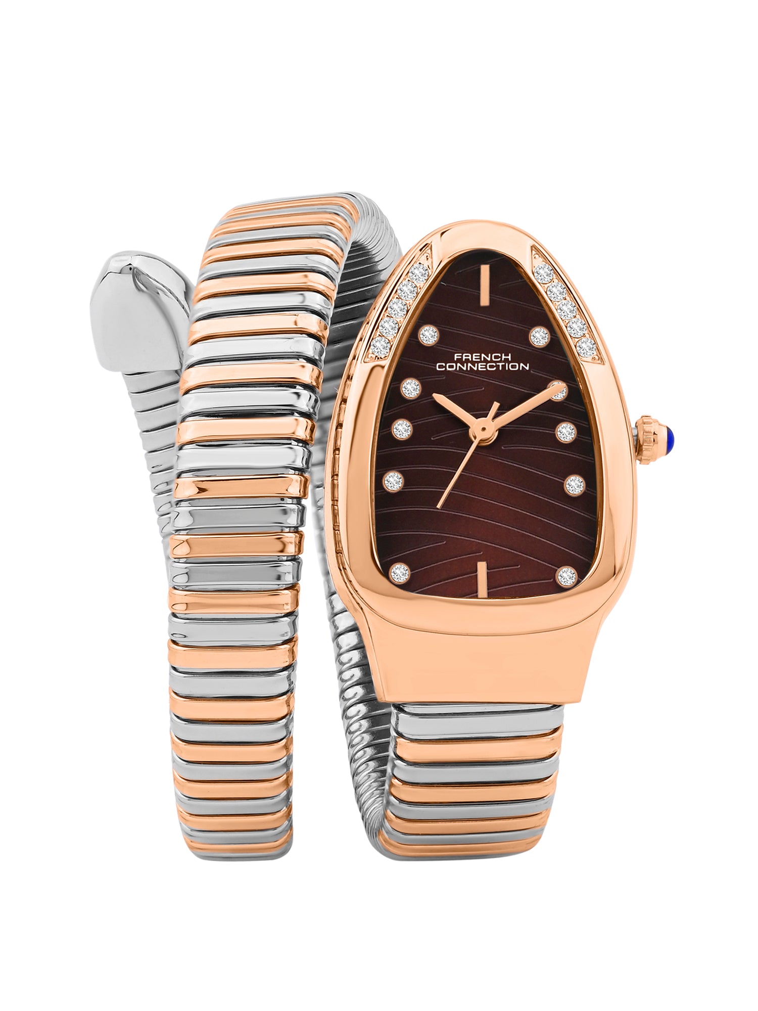 French Connection Women Snake-Shaped Wrap Around Analogue Watch FCN0189BRTM - Brown Dial Rose Gold Two-Tone